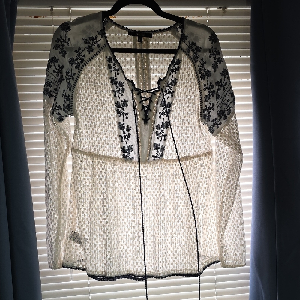 Elegant Blue and Cream Lace-Up Blouse
